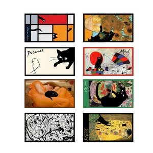 funny cat magnets (8), famous paintings, picasso, van gogh, matisse, sunflowers, mondrian, jackson pollock, flaming june, jean miro