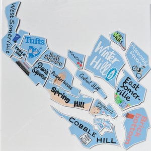 somerville (16 magnets), massachusetts map magnet, neighborhoods, puzzle, davis square, brickbottom, union square, winter hill, refrigerator