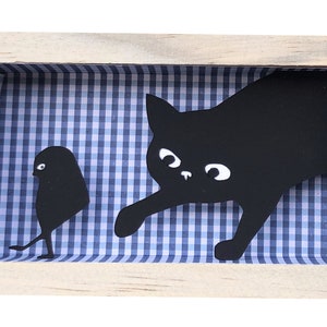 funny cat framed, funny cat gift, illustration, shadowbox, cat shadow box, miniature, diorama, picasso, bird art, black cat art, paper bird