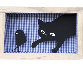 Funny Cat Shadowbox Art, Picasso Bird, Miniature Diorama