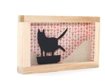 cat framed art, shadowbox, funny cat art, black cat diorama, cat paper art, cat miniature, tiny art, small art, black cat, black cat art