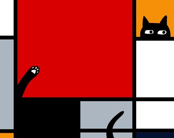 12 x 18 poster of mondrian with cat added, famous paintings defaced, black cat, abstract art, modern art
