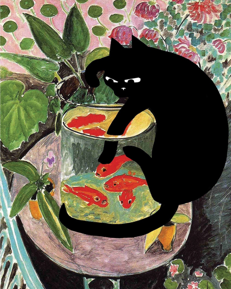 8 x 10 print of matisse goldfish with cat, famous paintings with cats, defaced paintings, cat and fish 