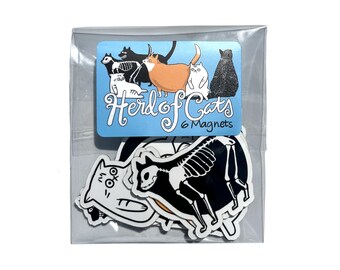 6 cat magnets, black cats, skeleton, depressed cat, meow
