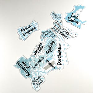 May include: A blue and white map of Boston, Massachusetts, divided into neighborhoods. The neighborhoods are labeled with their names, including Allston, Brighton, Jamaica Plain, Roslindale, Mattapan, Fenway, Back Bay, Beacon Hill, West End, Charlestown, Downtown, South End, Roxbury, Dorchester, and East Boston.