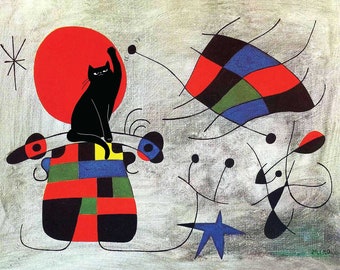 8 x 10 print miro with cat added, famous paintings defaced, black cat, abstract art, modern art, the smile of the flamboyant wings