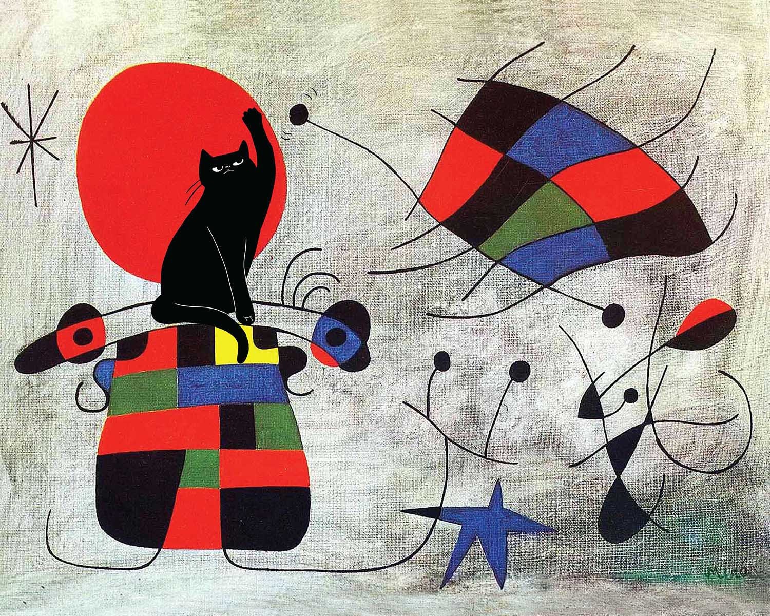 miro with cat added, famous paintings defaced, black cat, abstract art, modern art, the smile of the flamboyant wings, poster