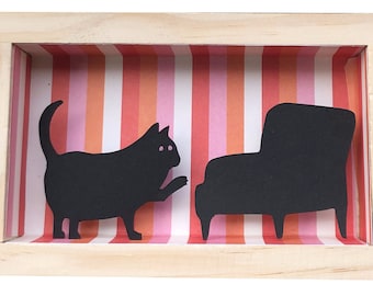 Black Cat Paper Cut Diorama, Funny Miniature Shadowbox Art
