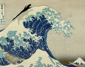 Hokusai Great Wave Print with Black Lab Dog, Fine Art Paper