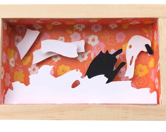cat framed art, paper art, shadow box, diorama, cat art, miniature, 3d paper art, shadowboxes, cat toilet paper, tiny art, mini art