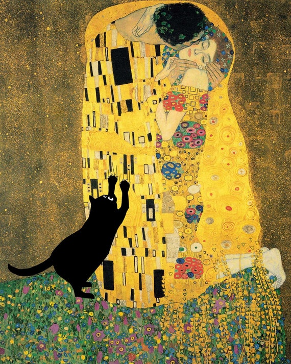 Impression De Klimt Le Baiser Avec Chat Chat Noir Chat Etsy