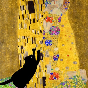 print of klimt&#39;s the kiss with cat, black cat, funny cat, famous paintings, famous works of art