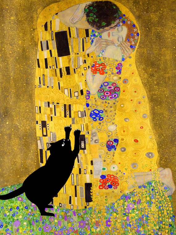 Print of klimt's the kiss with cat, black cat, funny cat, famous