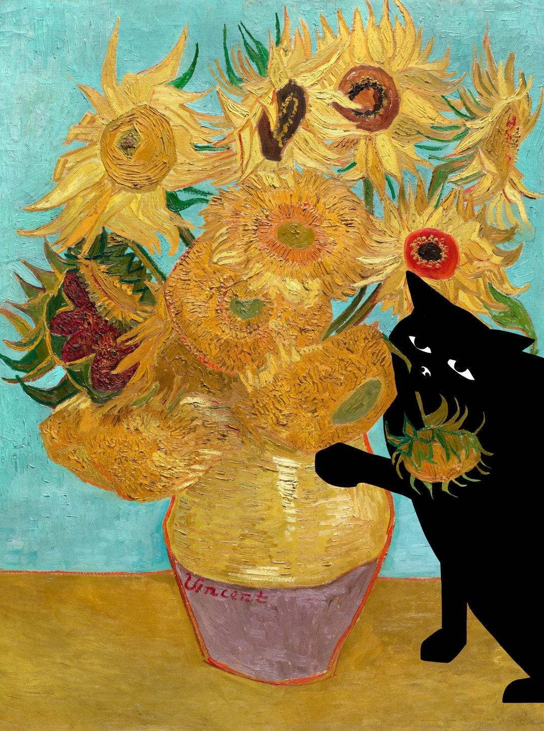 絵画 猫 ゴッホ 向日葵 ミニ画 パロディ オマージュ cat art Gogh Amazon.co.jp: ゴッホ『ひまわり』と黒猫 オマージュモダン