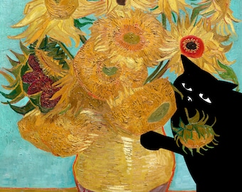 cat and van gogh&#39;s sunflowers, cat eating flowers, bad cat, cat sick afterwards, black cat, cat eating plants