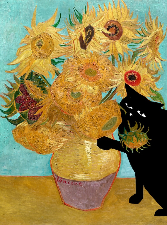絵画 猫 猫の絵 アクリル画 ゴッホ 向日葵 オマージュ cat art 絵画 猫 ゴッホ 向日葵 ミニ画 パロディ オマージュ cat art