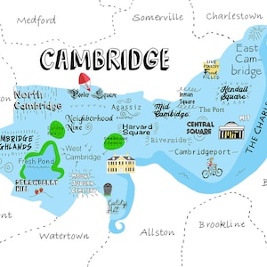 cambridge print, massachusetts map, neighborhoods, harvard square, porter, longfellow house, fresh pond, cambrideport, kendall