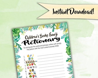 Baby Shower Game Pictionary - EMOJI Pictionary - Children's Books - Succulents / Cactus Instant Printable Digital Download - diy Printables