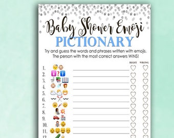 Baby Shower Game Pictionary - EMOJI Pictionary - Baby Blue and Grey - Instant Printable Digital Download - diy Baby Shower Printables Boy