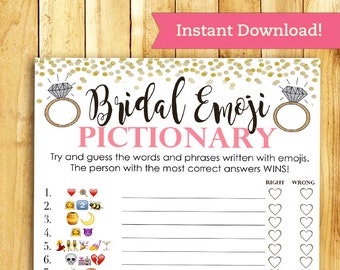 Bridal Shower Game Pictionary - EMOJI Pictionary - Coral and Gold - Instant Printable Digital Download - diy Bridal Shower Printables