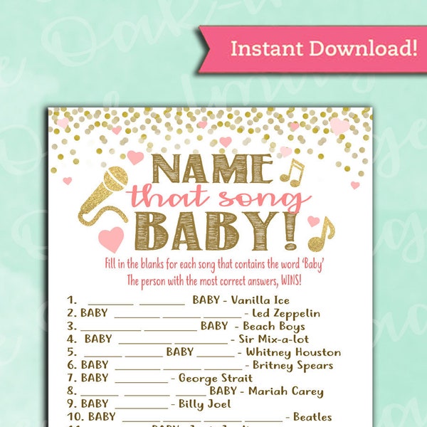 Baby Shower Game - Name That Song, BABY! - Coral Pink and Gold - Instant Printable Digital Download - diy Baby Shower Printables Guessing