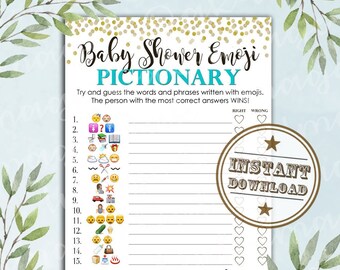 Baby Shower Game Pictionary - EMOJI Pictionary - Teal Mint and Gold - Instant Printable Digital Download - diy Baby Shower Printables BOY