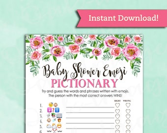 Baby Shower Game Pictionary - EMOJI Pictionary - Pink Peony and Gold - Instant Printable Digital Download - Floral Peonies Printables Girl