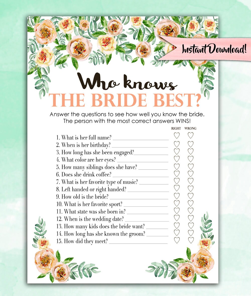 Bridal Shower Game Download Who Knows the Bride Best | Etsy