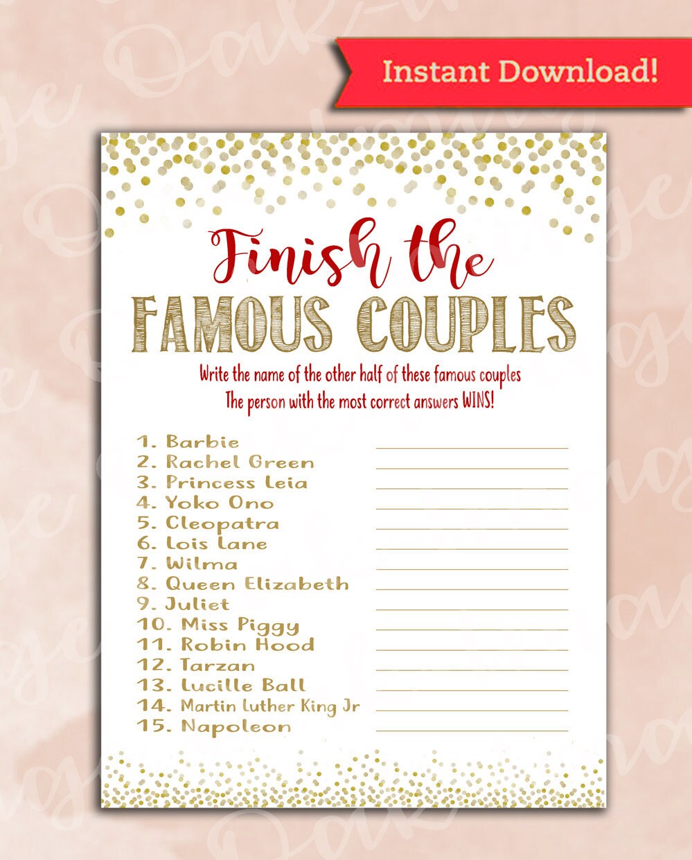 Bridal Shower Game Famous Couples Cranberry & Gold Etsy