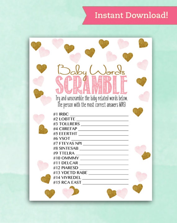 Baby Shower Game Cards Baby Words Scramble Pink Gold Etsy