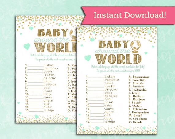 Baby Shower Game Baby Around The World Mint Green And Gold Etsy