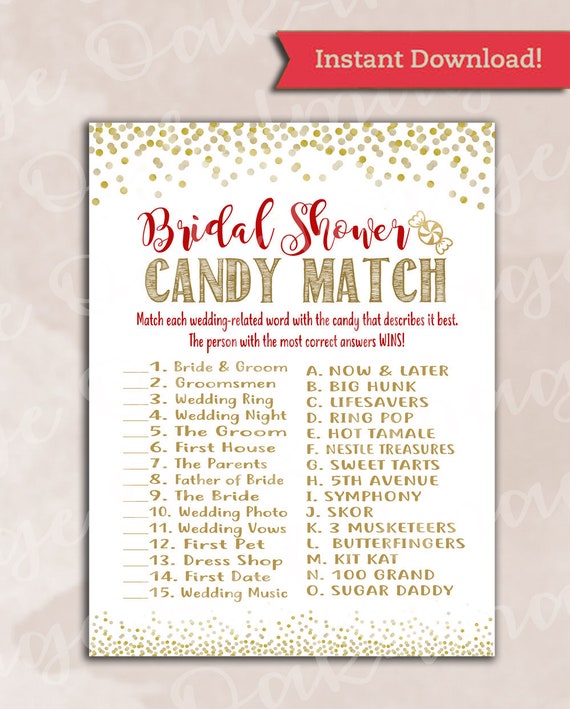Bridal Shower Game Wedding Candy Match Cranberry & Gold Etsy