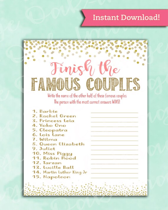 Bridal Shower Game Famous Couples Coral and Gold Instant Etsy