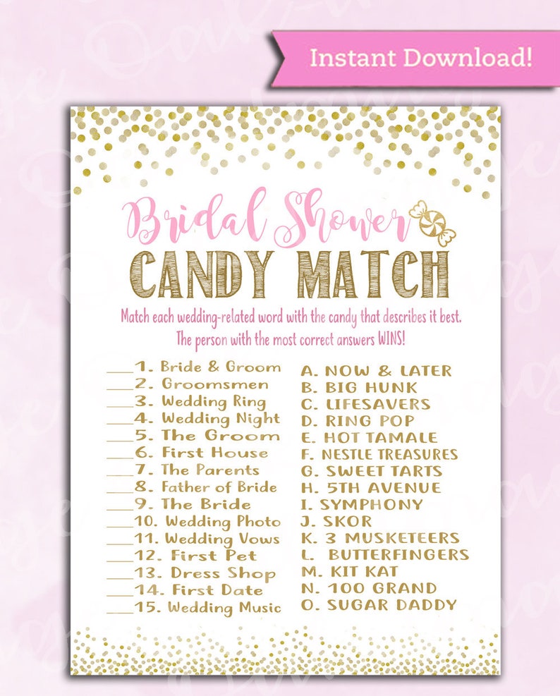 Bridal Shower Game Wedding Candy Match Pink & Gold Etsy