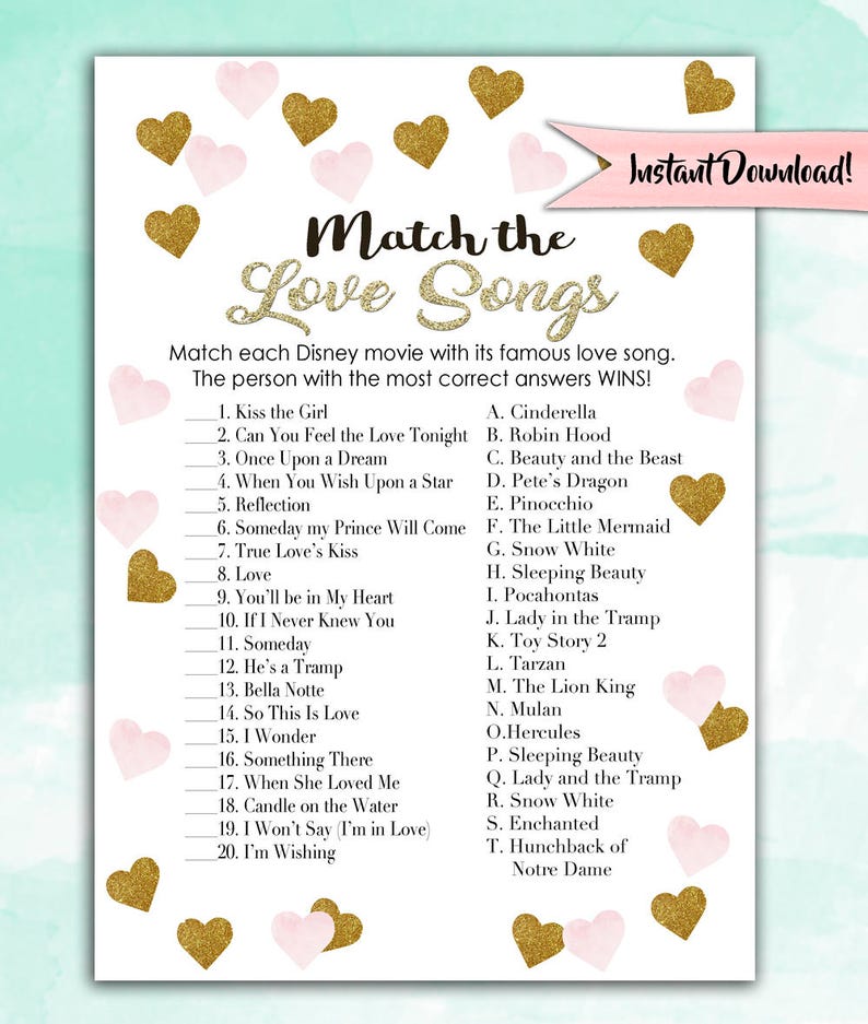 Bridal Shower Game Download Match the Love Songs PINK Gold Etsy