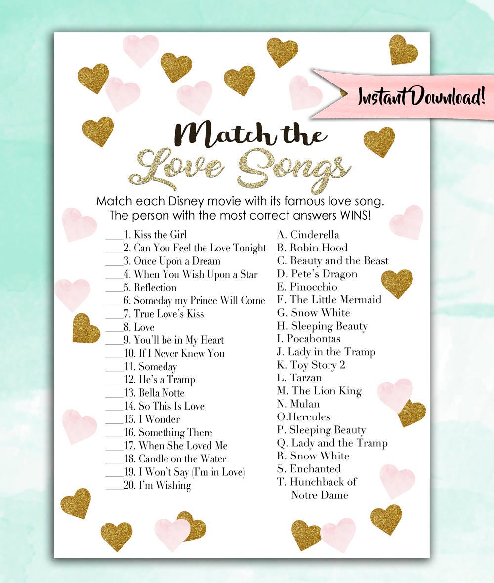 Bridal Shower Game Download Match the Love Songs PINK Gold Etsy