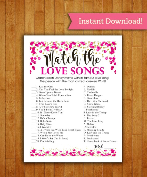 Bridal Shower Game Download Match the Love Songs Hot Pink Etsy
