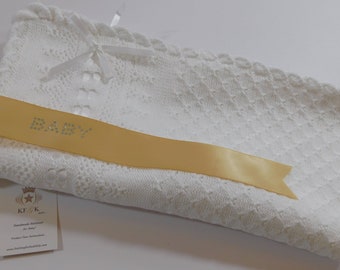 Dedication Christening Baby Blanket, KFGK "Royal Collection", Pure White, Pima Cotton, Embellished w Ribbons, Easy Care, Ships free in US!