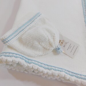 Dedication Baby Blanket, KFGK knits Gift Set with Matching Hat, Pure White Pima Cotton with Light Blue Supreme Cotton Accent, One of a kind image 6