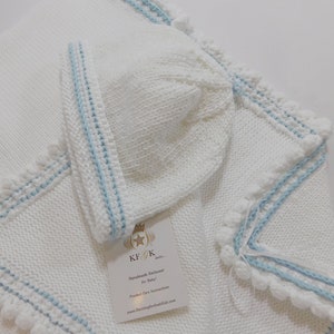 Dedication Baby Blanket, KFGK knits Gift Set with Matching Hat, Pure White Pima Cotton with Light Blue Supreme Cotton Accent, One of a kind image 7