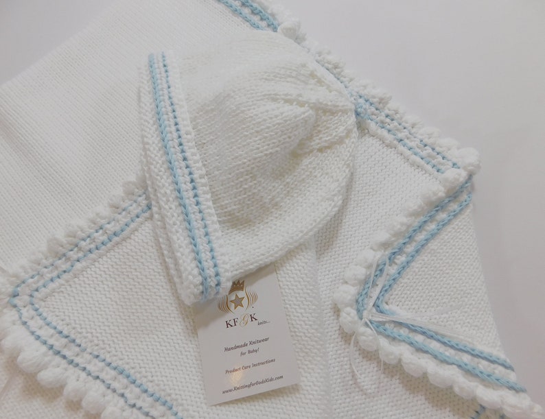 Dedication Baby Blanket, KFGK knits Gift Set with Matching Hat, Pure White Pima Cotton with Light Blue Supreme Cotton Accent, One of a kind image 7