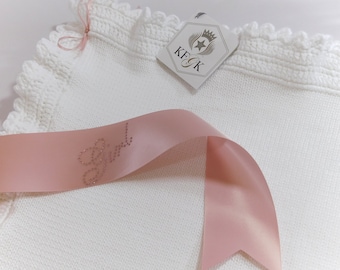 Christening, Baptism, Dedication Blanket, Pima Cotton, Ruffled Edge with Ribbons, Baby Girl Gift, One of a Kind Design!