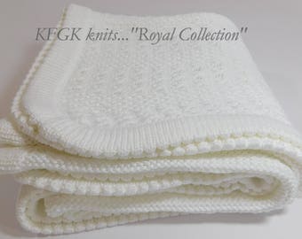 Dedication Baby Blanket, Knitted, Pure White, Pima Cotton, Original KFGK Designer Blanket, Boy or Girl Shower Gift!