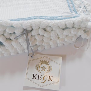 Dedication Baby Blanket, KFGK knits Gift Set with Matching Hat, Pure White Pima Cotton with Light Blue Supreme Cotton Accent, One of a kind image 3