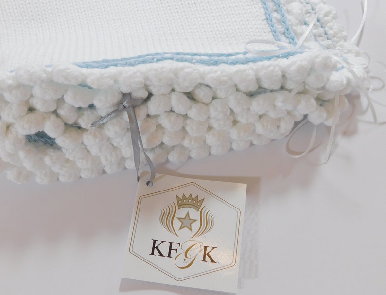 Dedication Baby Blanket, KFGK knits Gift Set with Matching Hat, Pure White Pima Cotton with Light Blue Supreme Cotton Accent, One of a kind image 3