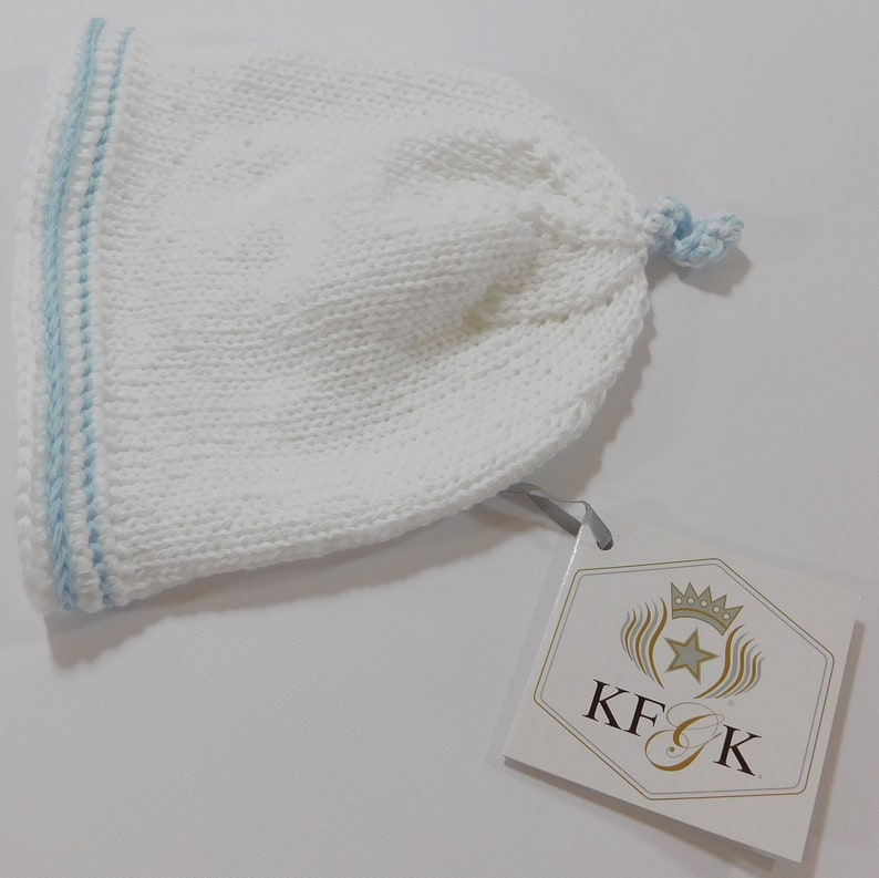 Dedication Baby Blanket, KFGK knits Gift Set with Matching Hat, Pure White Pima Cotton with Light Blue Supreme Cotton Accent, One of a kind image 2