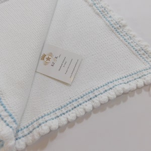 Dedication Baby Blanket, KFGK knits Gift Set with Matching Hat, Pure White Pima Cotton with Light Blue Supreme Cotton Accent, One of a kind image 9