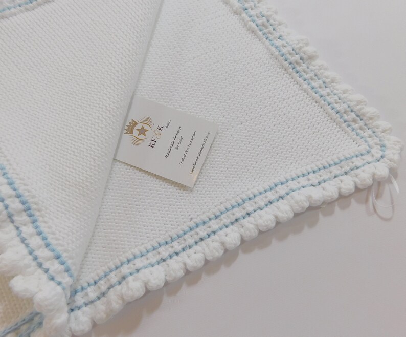 Dedication Baby Blanket, KFGK knits Gift Set with Matching Hat, Pure White Pima Cotton with Light Blue Supreme Cotton Accent, One of a kind image 9