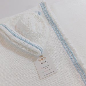 Dedication Baby Blanket, KFGK knits Gift Set with Matching Hat, Pure White Pima Cotton with Light Blue Supreme Cotton Accent, One of a kind image 4