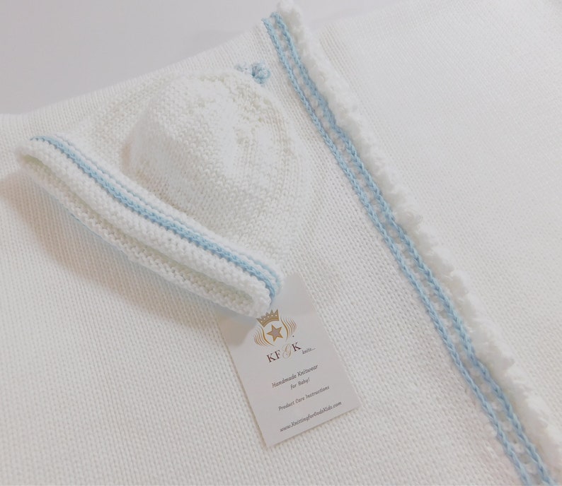 Dedication Baby Blanket, KFGK knits Gift Set with Matching Hat, Pure White Pima Cotton with Light Blue Supreme Cotton Accent, One of a kind image 4